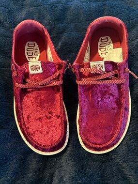 Hey Dude women’s Velvet shoes in Rich Berry